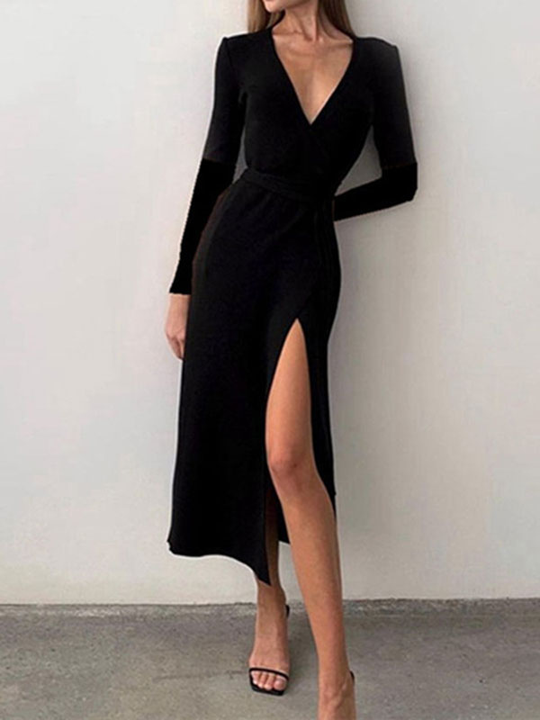Moda Mujer Vestidos | Vestidos de fiesta Vestido semiformal de manga larga con cuello en V negro con abertura en la parte delantera - HV68021