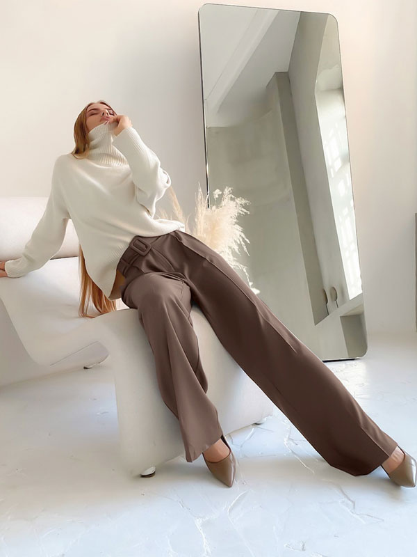 Women's Clothing Women's Bottoms | Pants Coffee Brown Polyester High Rise Waist Trousers - SK75577