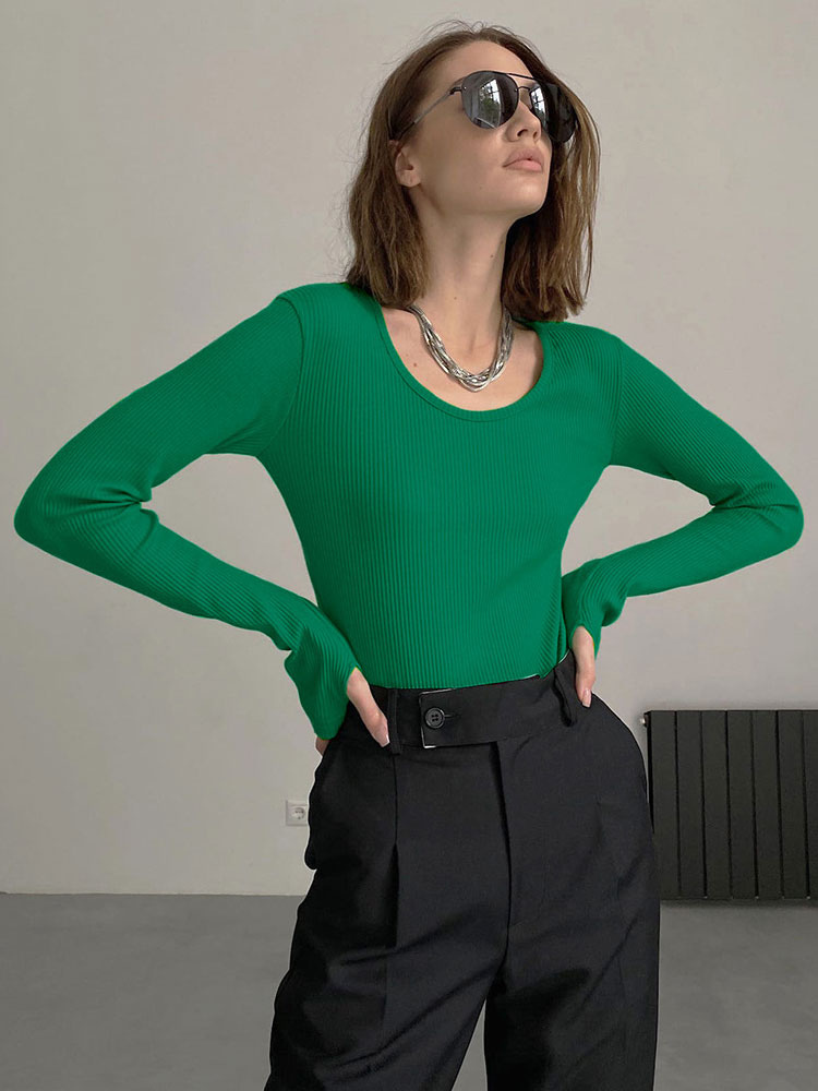 Women's Clothing Tops | Long Sleeves Tees Green Jewel Neck Polyester Women Tee - BF80583