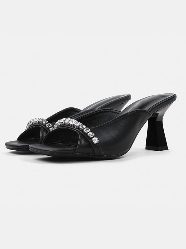 Zapatos de Mujer | Mujer Rhinestones Slip-On Chunky Heel Mules PU Cuero Negro - FM11486