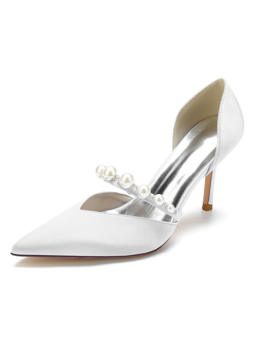 Zapatos de Fiesta | Zapatos de novia para mujer Perlas Satén Punta estrecha Tacón de aguja Zapatos de novia - WR62862
