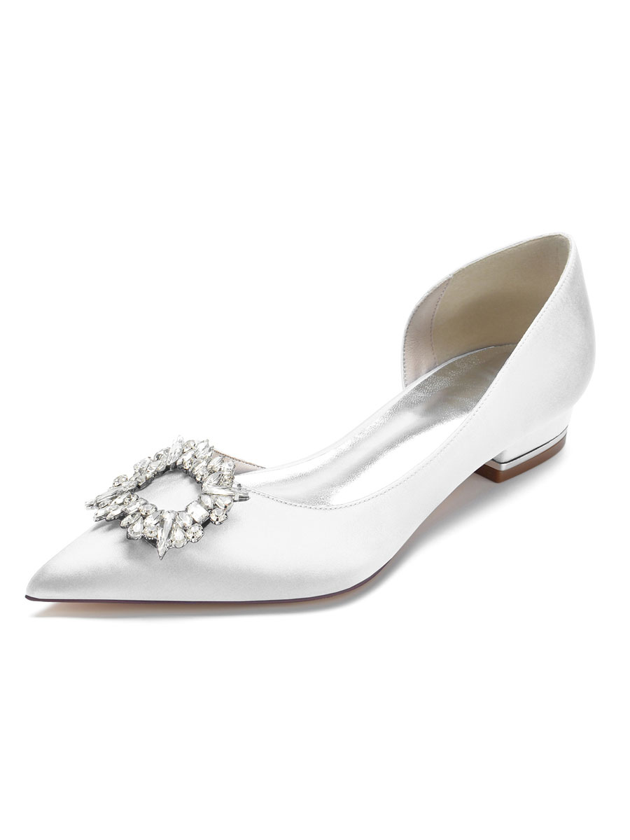 Zapatos de Fiesta | Zapatos de novia para mujer Zapatos de novia planos con punta en punta de satén con diamantes de imitación - IJ40659