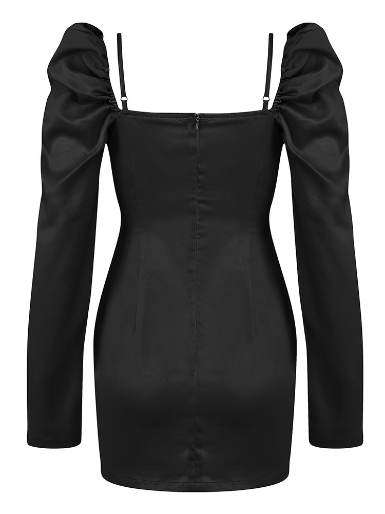 Women's Clothing Dresses | Party Dresses Black Square Neck Pleated Long Sleeves Open Shoulder Semi Formal Dress - YX51435