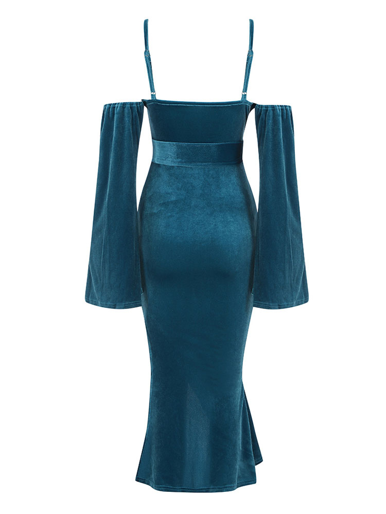 Party Dresses Blue VNeck Split Front Long Sleeves Layered Semi Formal