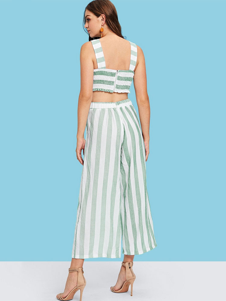 Women's Clothing Jumpsuits & Rompers | Green Stripes Jewel Neck Sleeveless Backless Polyester Wide Leg Jumpsuits For Women - QE65187