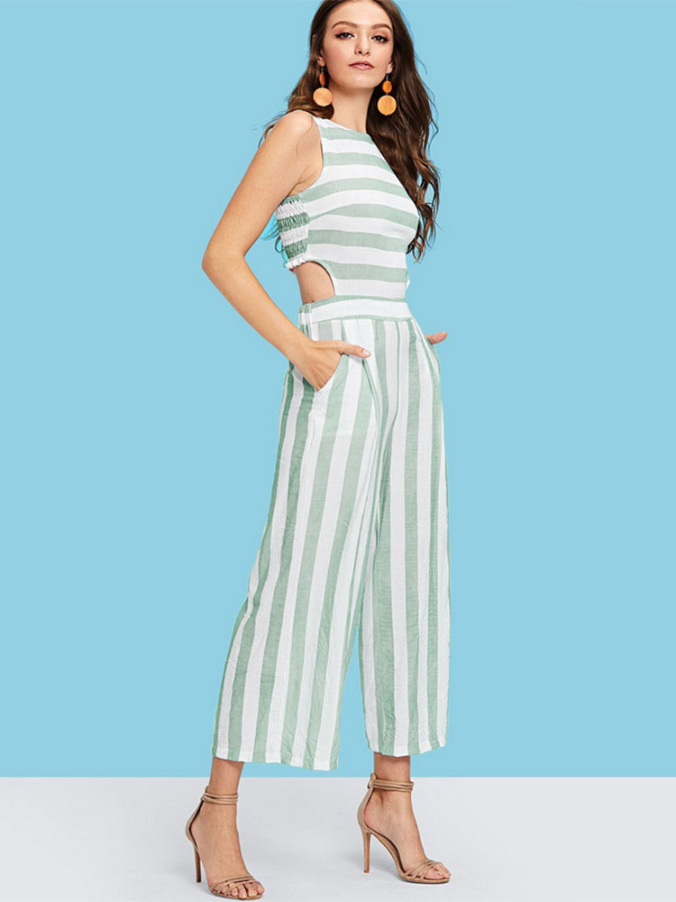 Women's Clothing Jumpsuits & Rompers | Green Stripes Jewel Neck Sleeveless Backless Polyester Wide Leg Jumpsuits For Women - QE65187