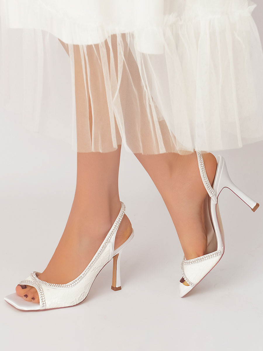 Zapatos de Fiesta | Zapatos de boda para mujer Pedrería Encaje Peep Toe Tacón de aguja Zapatos de novia - OK03332