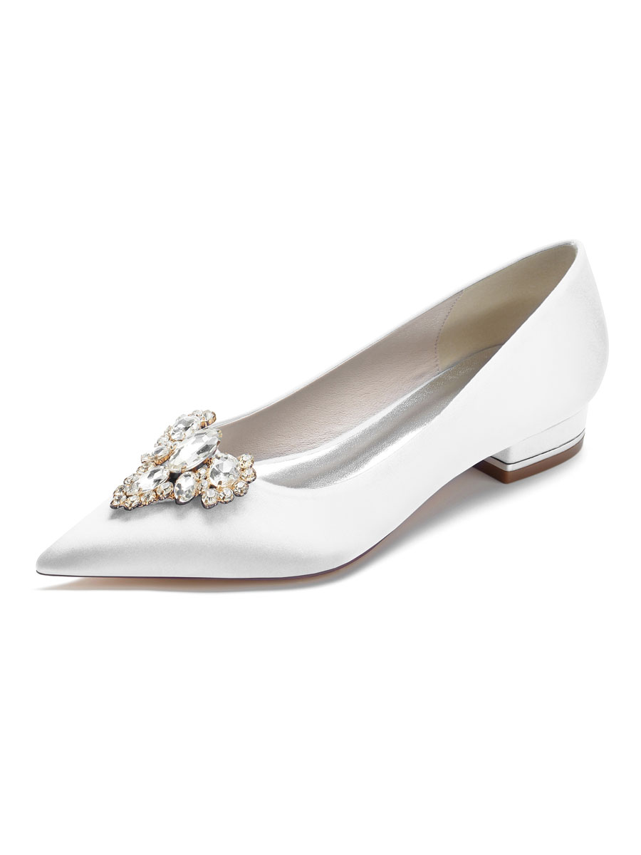 Zapatos de Fiesta | Zapatos de novia para mujer Zapatos de novia planos con punta en punta de satén con diamantes de imitación - MN18202