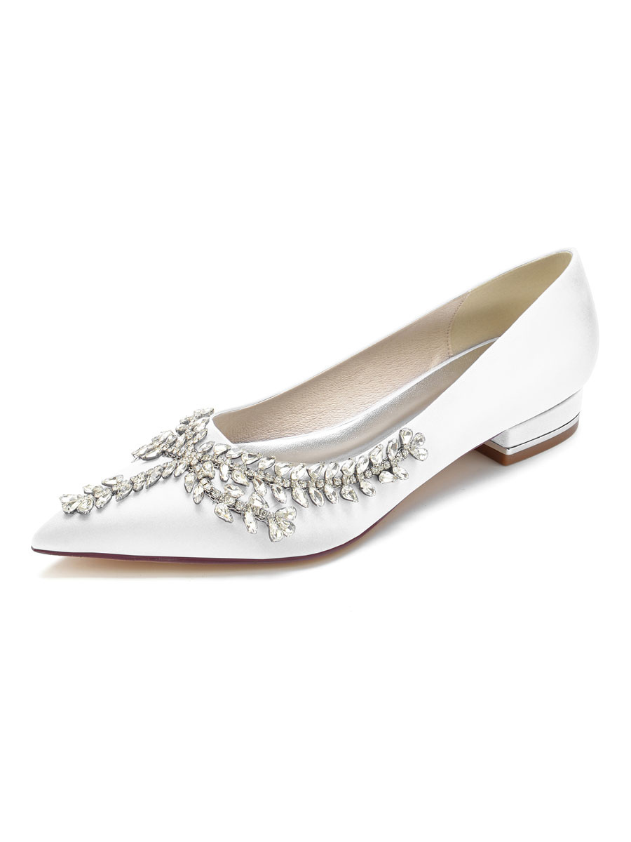 Zapatos de Fiesta | Zapatos de novia para mujer Zapatos de novia planos con punta en punta de satén con diamantes de imitación - YX90935