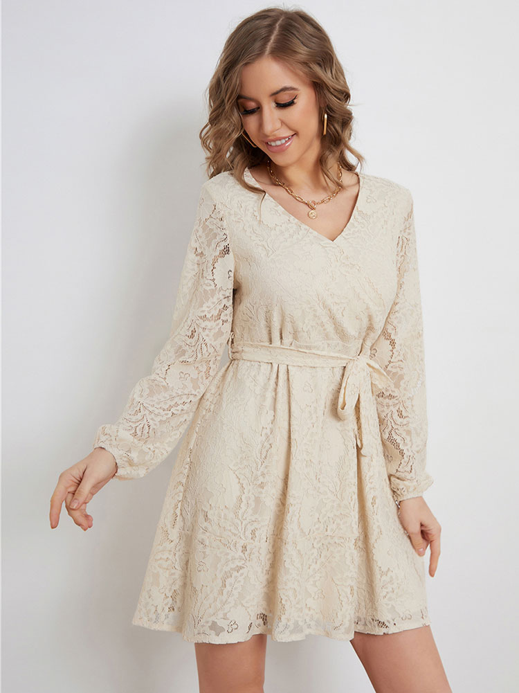Women's Clothing Dresses | Lace Up V-Neck Long Sleeves Lace Dresses - WK92581