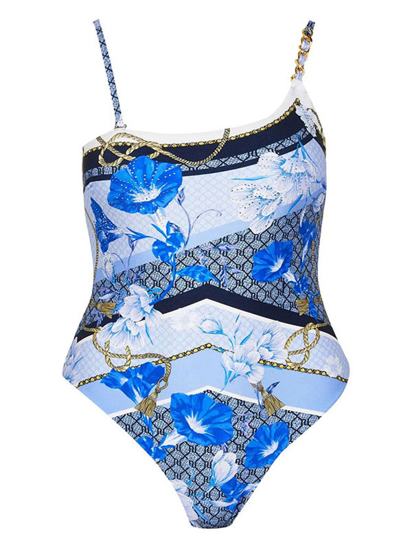Women's Clothing Swimsuits & Cover-Ups | Women One Piece Swimsuits Blue Floral Print Straps Neck Backless Summer Beach Bathing Suits - VS13428