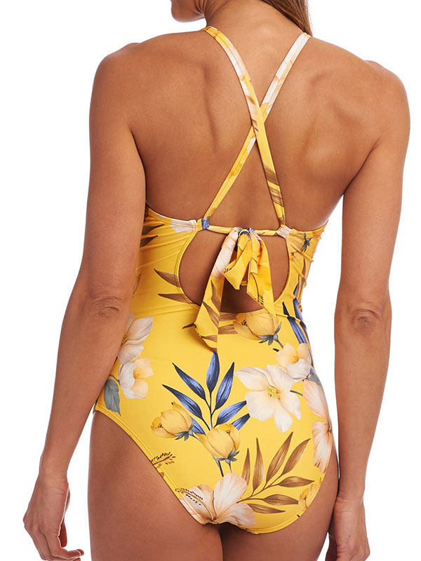 Women's Clothing Swimsuits & Cover-Ups | Women One Piece Swimsuits Yellow Floral Print Straps Neck Backless Summer Sexy Bathing Suits - HJ39041