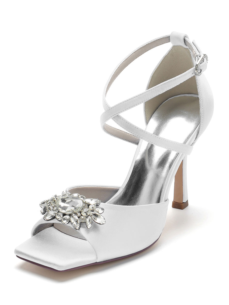 Zapatos de Fiesta | Zapatos de novia para mujer Zapatos de novia de tacón de aguja con punta abierta de satén con diamantes de imitación - QX19385