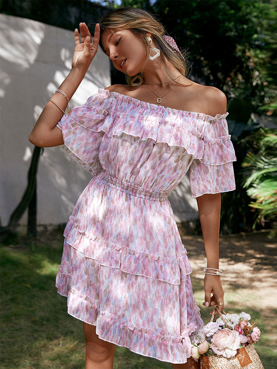 Women's Clothing Dresses | Summer Dress Soft Pink Bateau Neck Floral Print Polyester Beach Dress - QL07146