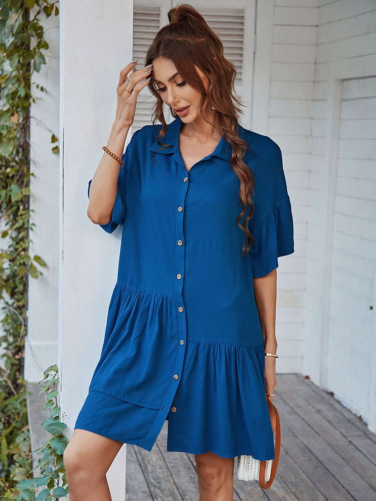 Moda Mujer Vestidos | Vestidos Vestidos camiseros Vestido midi Azul Cuello vuelto Manga corta Poliéster - CC23269