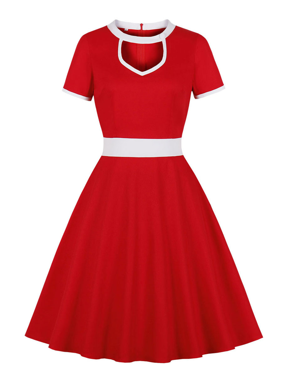Moda Mujer Vestidos | Vestido Vintage 1950s Rojo Dos Tonos Mujer Mangas Cortas Vestido Swing - II72583