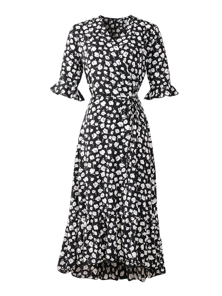 Women's Clothing Dresses | Summer Dress Blue Floral Print Chiffon Beach Dress - XA88838