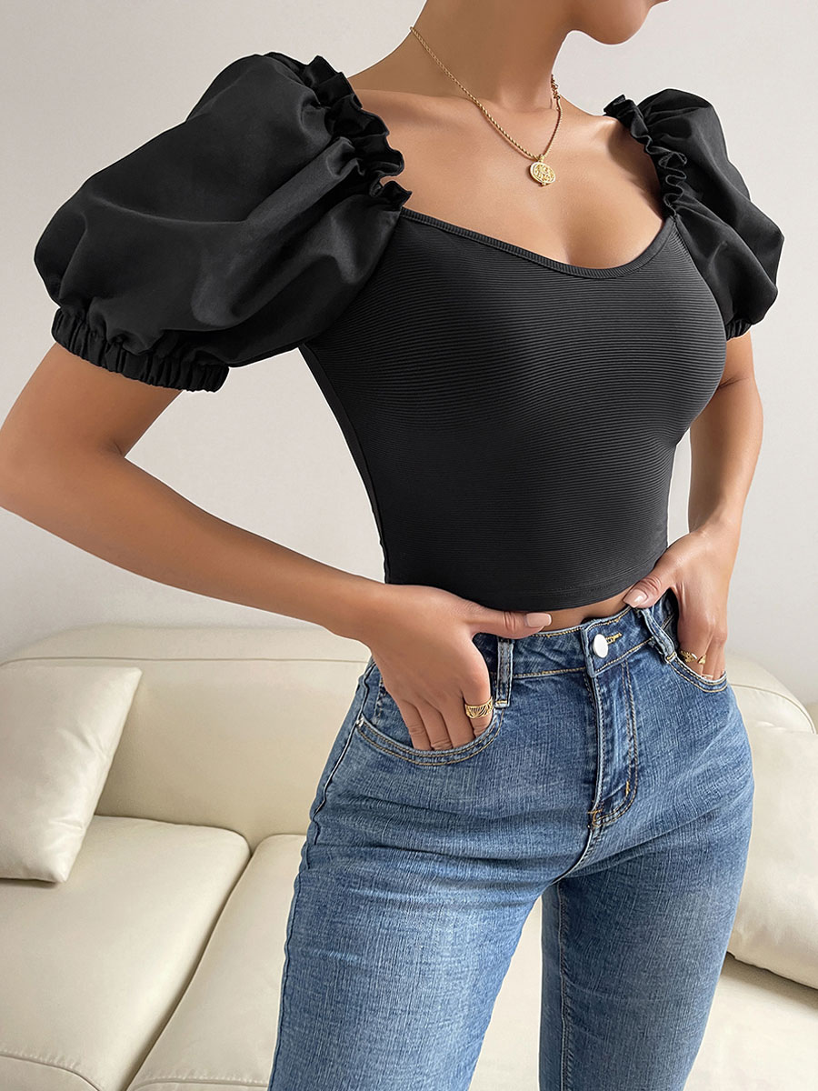 Mode Femme Tops | T-shirt Taille Haute à Col V avec Manches Courtes Amples Coupe Cintrée Unicolore - EH02291