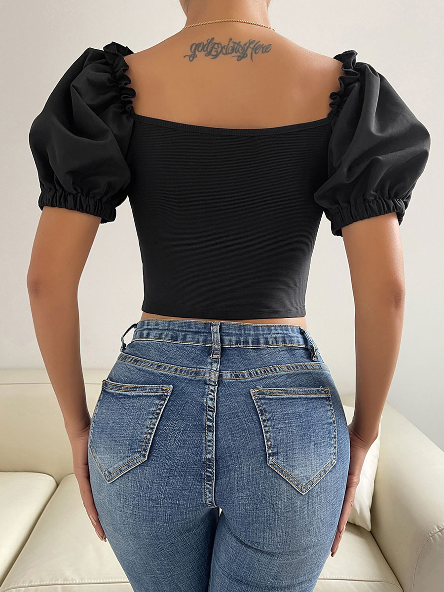 Mode Femme Tops | T-shirt Taille Haute à Col V avec Manches Courtes Amples Coupe Cintrée Unicolore - EH02291