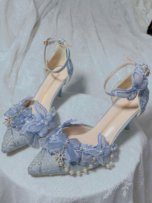 Costumes Lolita | Blue Lolita Footwear Pearls Lace Ruffles Pointed Toe Textile Lolita Shoes - KV36345