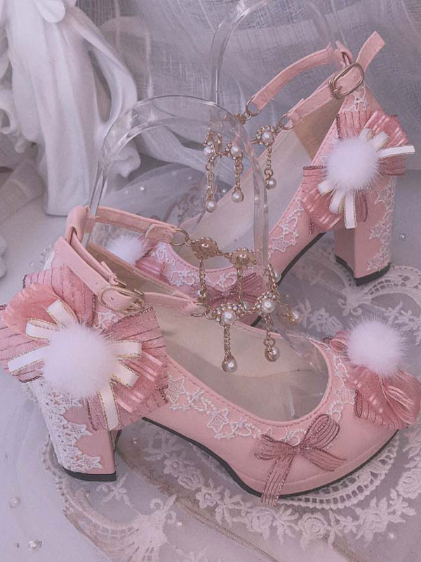 Costumes Lolita | Pink Lolita Footwea;Pearls Lace Round Toe Textile Lolita Pumps - VS38462