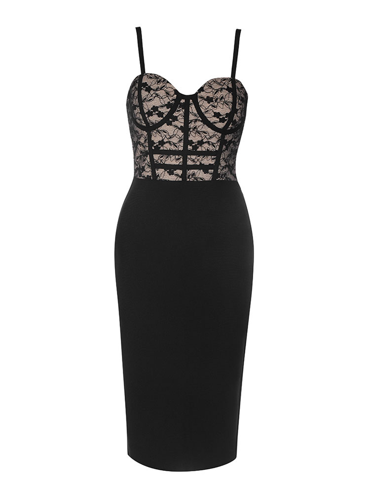 Women's Clothing Dresses | Party Dresses Black Straps Neck Lace Sleeveless Backless Semi Formal Dress - HN42145