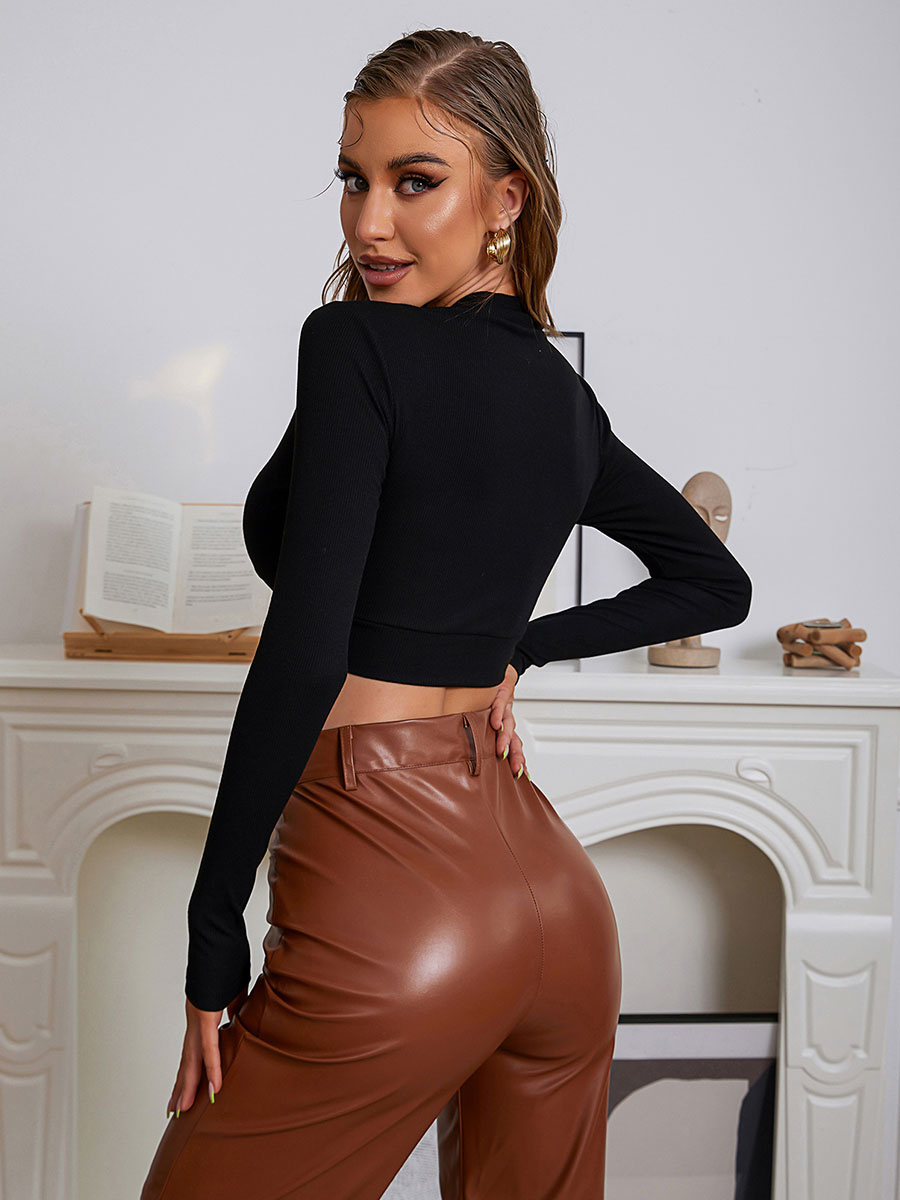Mode Femme Tops | Haut Sexy Top Femme Taille Haute avec Manches V avec Manches Longues Unicolore - WI42952