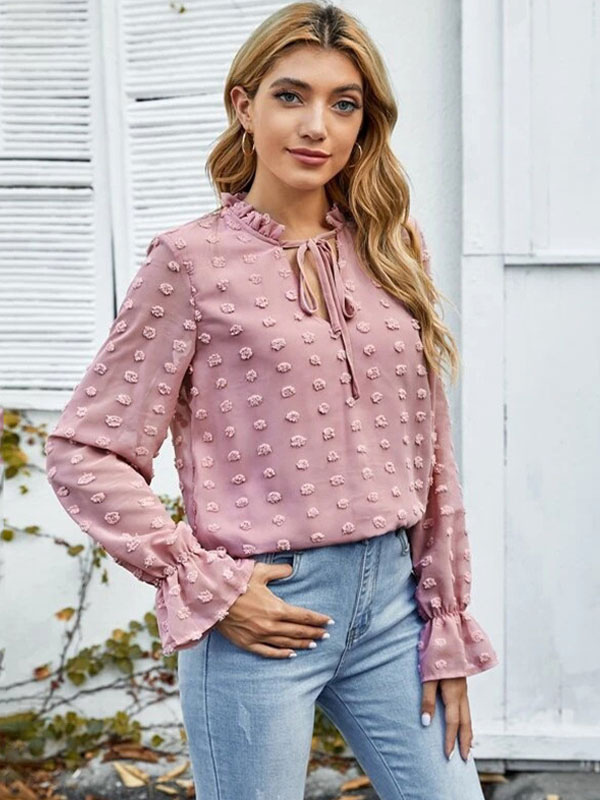 Women's Clothing Tops | Long Sleeves Tees Pink Polyester Women Tee Shirt - FG07370