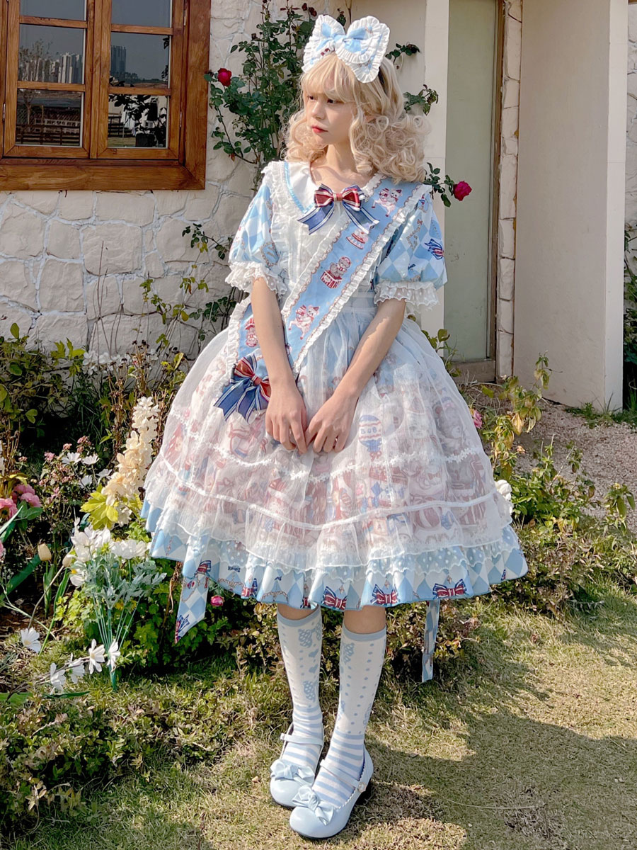 Sweet Lolita Dress Navy Collar Printing Princess Lolita One Piece Dress  with Apron