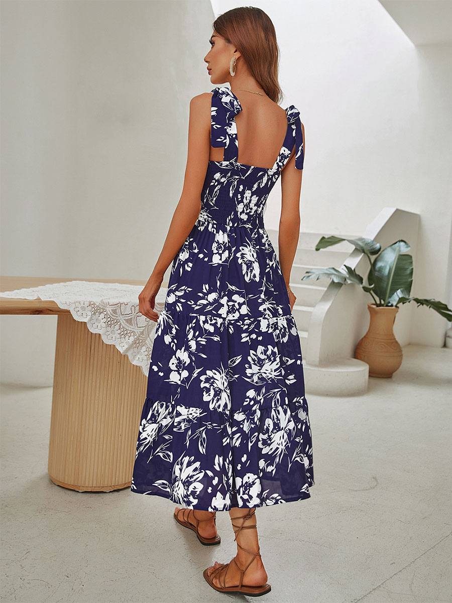 Women's Clothing Dresses | Straps Neck Maxi Dress Sleeveless Polyester Casual Floral Print Floor Length Dress - HF17680