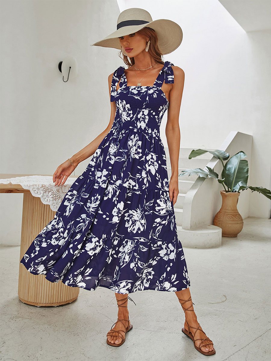 Women's Clothing Dresses | Straps Neck Maxi Dress Sleeveless Polyester Casual Floral Print Floor Length Dress - HF17680