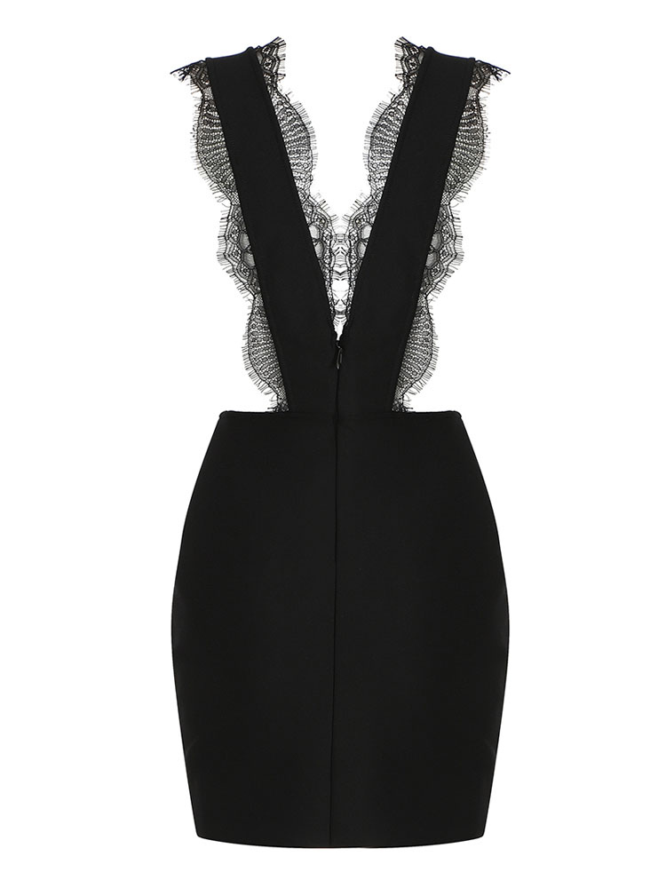 Women's Clothing Dresses | Party Dresses Black Straps Neck Lace Sleeveless Semi Formal Dress - VW95075