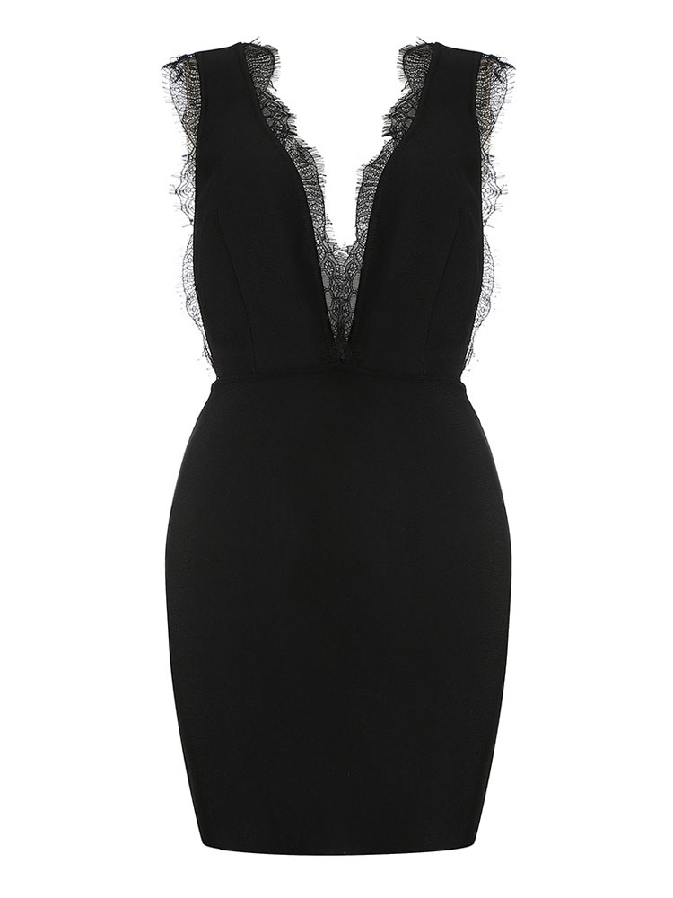 Women's Clothing Dresses | Party Dresses Black Straps Neck Lace Sleeveless Semi Formal Dress - VW95075