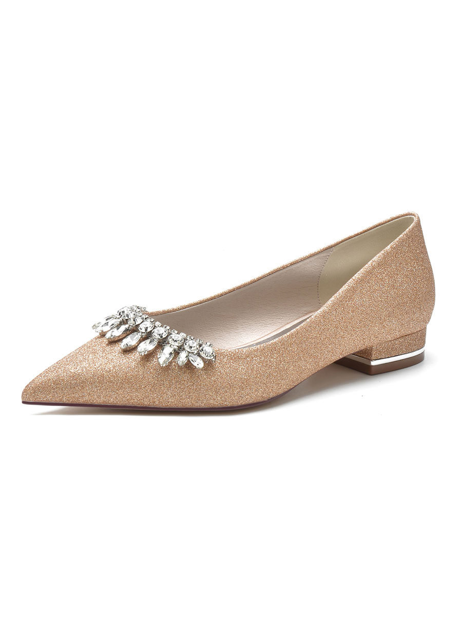 Zapatos de Fiesta | Zapatos de novia para mujer Zapatos de novia planos con punta en punta de tela con lentejuelas de diamantes de imitación - FK15956