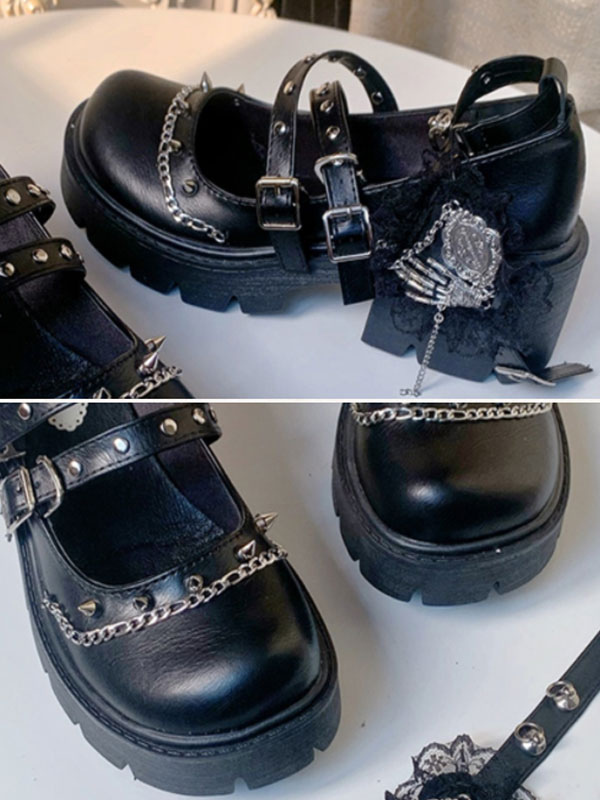 Costumes Lolita | Black Lolita Footwear Rivets Chains PU Leather Puppy Heel Lolita Shoes - MZ15691