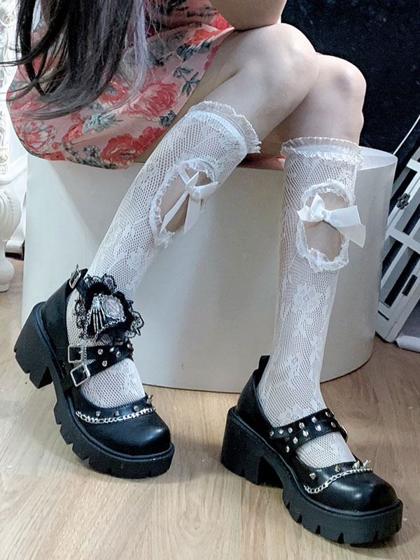 Costumes Lolita | Black Lolita Footwear Rivets Chains PU Leather Puppy Heel Lolita Shoes - MZ15691