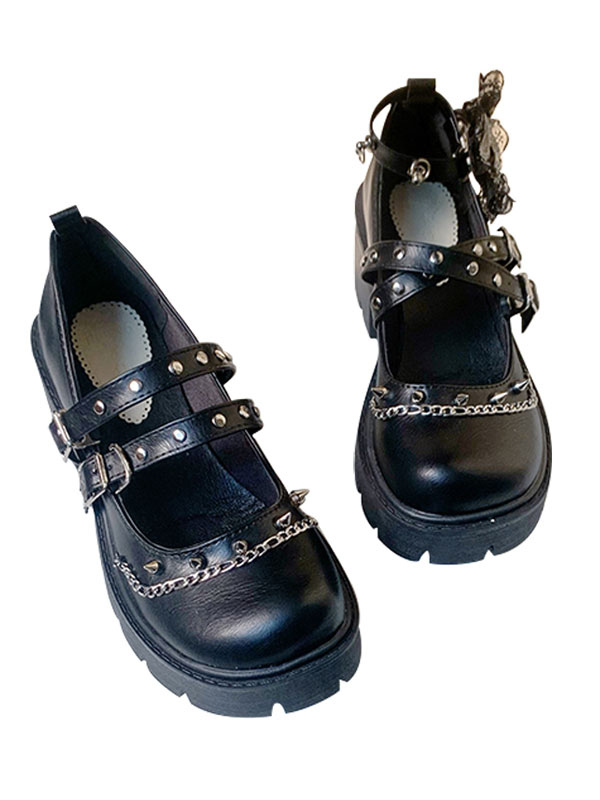 Costumes Lolita | Black Lolita Footwear Rivets Chains PU Leather Puppy Heel Lolita Shoes - MZ15691