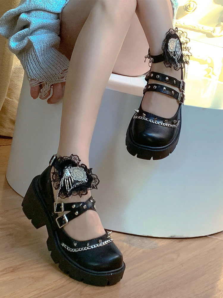 Costumes Lolita | Black Lolita Footwear Rivets Chains PU Leather Puppy Heel Lolita Shoes - MZ15691