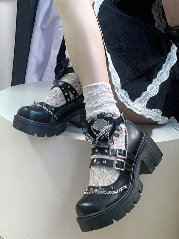 Costumes Lolita | Black Lolita Footwear Rivets Chains PU Leather Puppy Heel Lolita Shoes - MZ15691