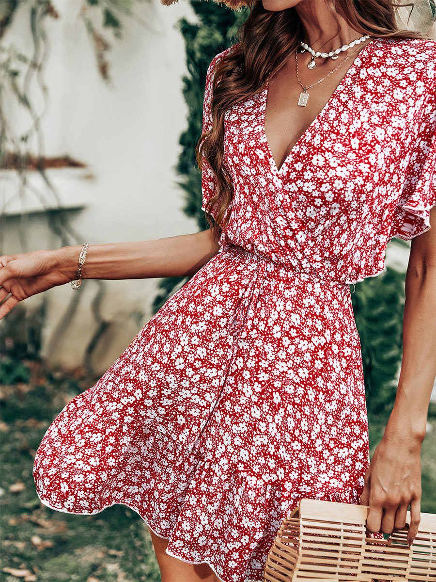 Women's Clothing Dresses | Summer Dress V-Neck Red Short Beach Dress - CK83585