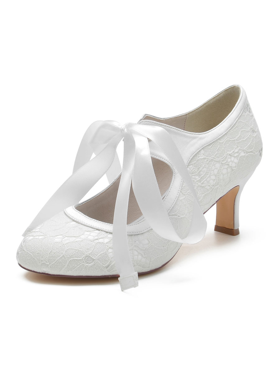 Zapatos de Fiesta | Zapatos de boda para mujer Lazos Satén Punta redonda Tacón grueso Zapatos de novia - FY26932