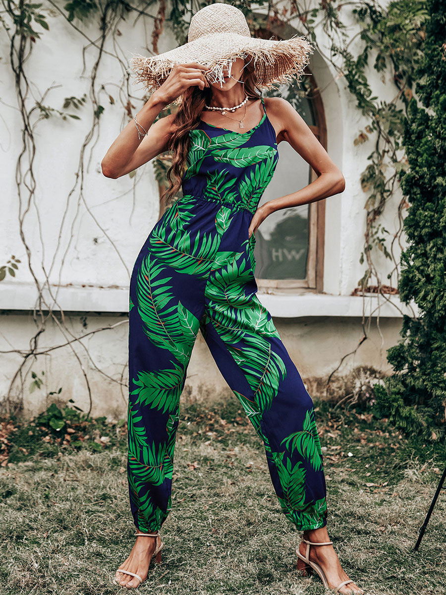 Women's Clothing Jumpsuits & Rompers | Green Printed Half Sleeves Open Shoulder Spaghetti Straps Polyester Jumpsuits For Women - FP38409