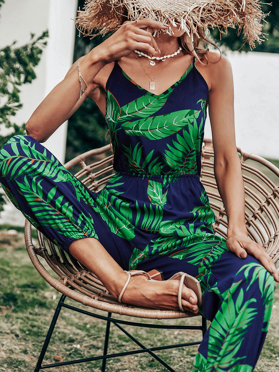 Women's Clothing Jumpsuits & Rompers | Green Printed Half Sleeves Open Shoulder Spaghetti Straps Polyester Jumpsuits For Women - FP38409