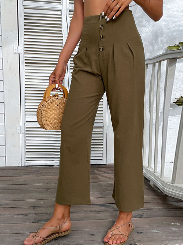 Women's Clothing Women's Bottoms | Pants Hunter Green Buttons Polyester Trousers - IN10142