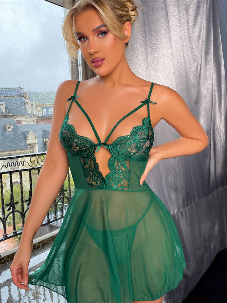 Babydoll feminino laço verde escuro estampa floral renda transparente sexy  hot lingerie - Milanoo.com