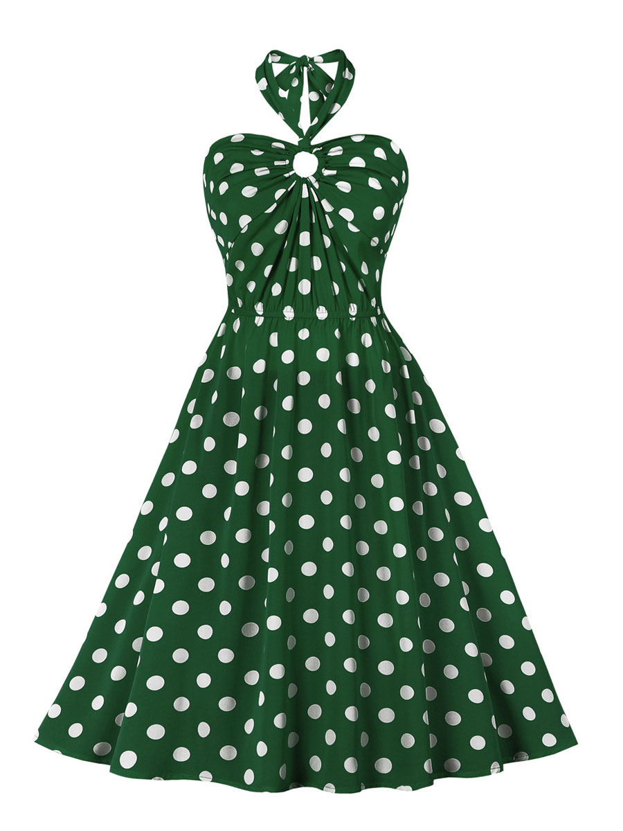 Women's Clothing Dresses | Vintage Dress 1950s Straps Neck Open Shoulder Sleeveless Women Knee Length Polka Dot Swing Dress - QG11858