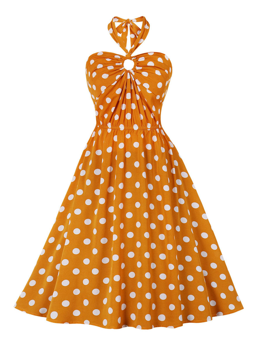 Women's Clothing Dresses | Vintage Dress 1950s Straps Neck Open Shoulder Sleeveless Women Knee Length Polka Dot Swing Dress - QG11858