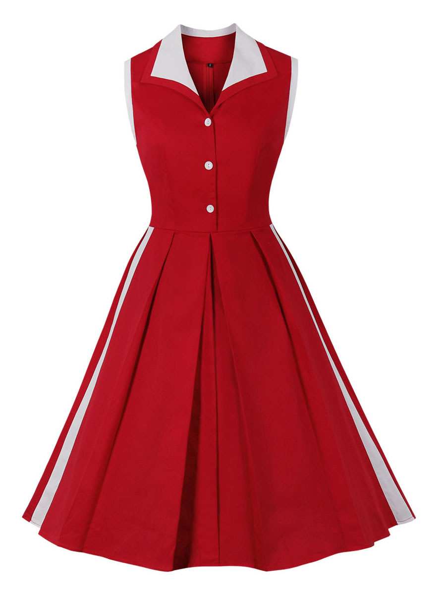 Women's Clothing Dresses | Vintage Dress 1950s Sleeveless Women Knee Length Two-Tone Swing Dress - JN02525