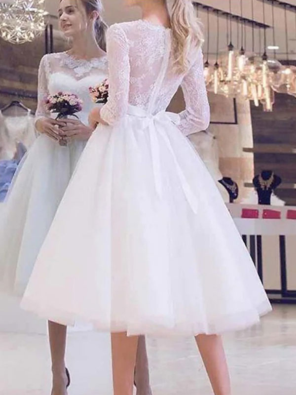 Short Wedding Dress A-Line Jewel Neck 3/4 Length Sleeves Lace Bridal ...