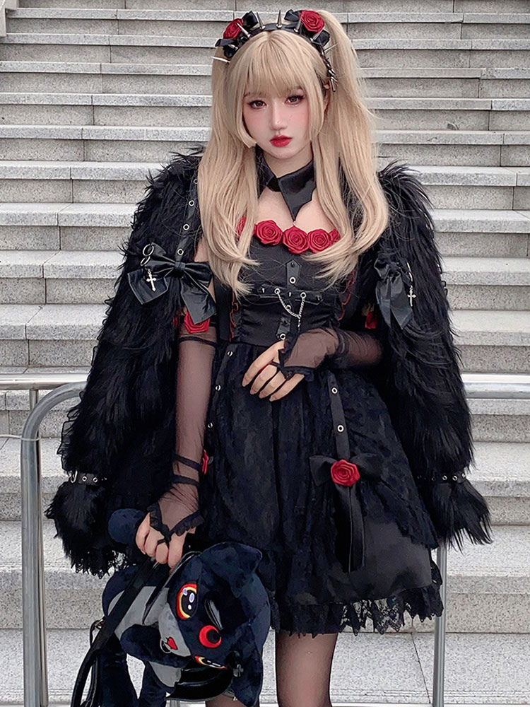 Vestidos de Lolita gótica Encaje Rosa Bloque de color Negro 